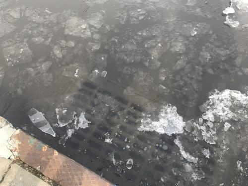 中国侨网鲍威尔科夫大道一经雨雪后,周边地区变成泽国,天冷后积水都冻成冰路。(美国《世界日报》/牟兰 摄)