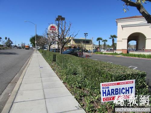 中国侨网亚市华人居民们曾在一个小广场前插上20面助选名牌纸旗,如今只剩一面。(美国《侨报》/翁羽 摄)