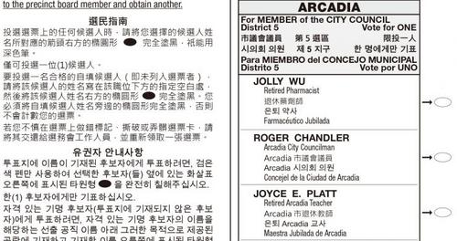中国侨网亚市选票样本中显示，选票上有包括中文的多语言说明“仅可投选一位候选人”，但很多废票上仍有不少人是选了两位候选人。(图片来源：资料图片来自亚市官网公开信息)