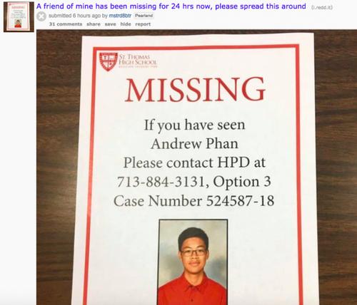 中国侨网休斯敦警察局发布的失踪人口信息，Andrew的同学发布到网上，请大家帮助寻人 （美国中文网/网络截图）