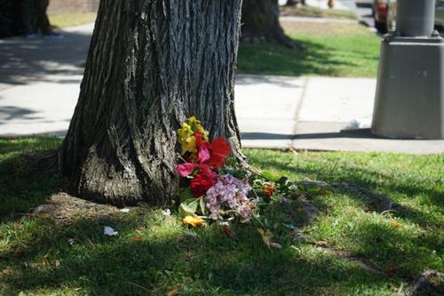 中国侨网现场附近有民众献花，缅怀殉职的长堤市消防局队长Dave Rosa。（美国《世界日报》/陈开 摄）