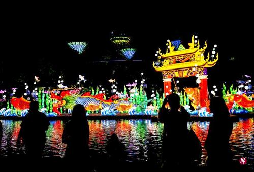 中国侨网巨型灯饰“鱼跃龙门”融入滨海湾花园,为中秋佳节献上阖家盛会。(新加坡《联合早报》/王晓亚 摄)