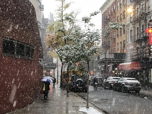 中国侨网纽约市15日下午迎来今冬首场雪。（美国《世界日报》/洪群超 摄）
