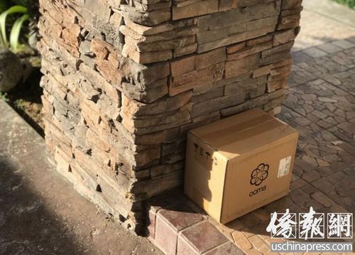 中国侨网林女士说近几年，邮包丢失严重。她拿出小箱子演示说，好心的邮差会把包裹藏在柱子后面。（美国侨报网/章宁 摄）