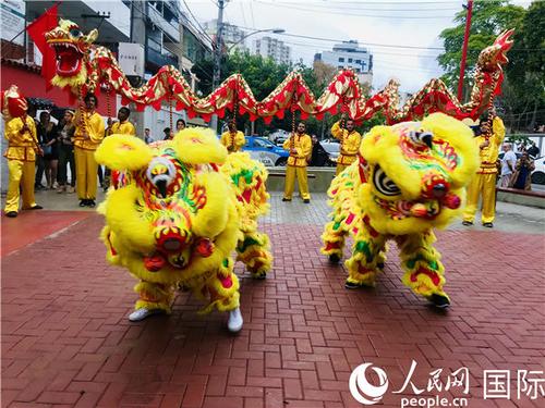 中国侨网庆祝活动现场的舞龙舞狮表演。 记者 朱东君摄