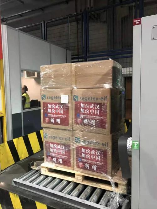 中国侨网发回中国的救援医用物资包装箱上印着“加油武汉、加油中国”。（《欧洲时报》/孔帆 摄）