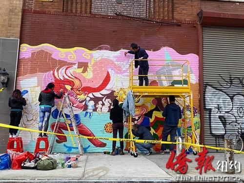 纽约曼哈顿华埠壁画项目新作品“舞龙舞狮”完成