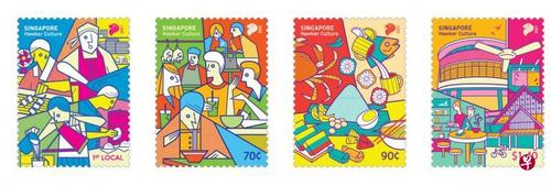 中国侨网这套小贩系列邮票的设计都是国人在小贩中心熟悉的画面，例如小贩用心地烹煮食物和食客们在那里享用本地美食。（新加坡《联合早报》/新加坡邮政提供）