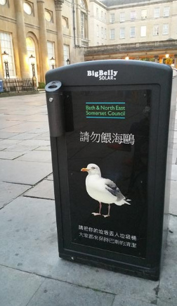 在英国名城巴斯的一个垃圾箱上郝然印着这样的中文提示，着实令人尴尬。（中国青年报）
