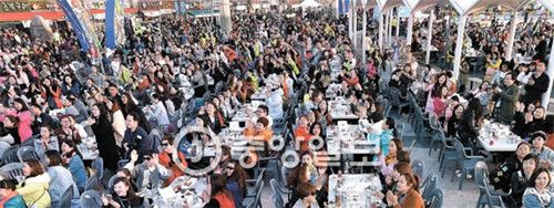 图为正以七天六夜日程访韩的中国傲澜集团4500名员工3月28日正在仁川月尾岛文化街举行“啤酒炸鸡派对”。他们吃了3000只炸鸡、750份炸薯条,喝了4500听罐装啤酒。