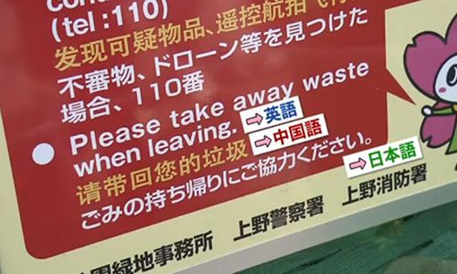 日本东京上野公园在提示牌上用英语、汉语、日语写着“请带回您的垃圾”（视频截图）