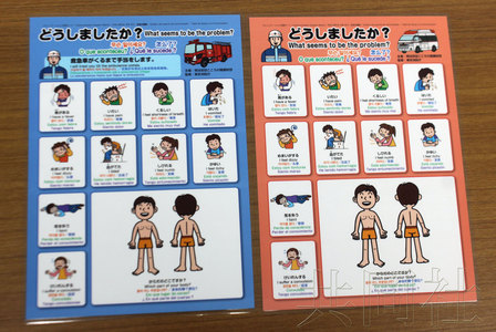 9月8日下午，东京消防厅公开了在急救搬运日语不熟练的外国人时使用的“急救用沟通支援板”。外国人可以从描绘疼痛等状况的支援板上选择符合自己症状的图，以使急救队员能够迅速应对。（日本共同社）