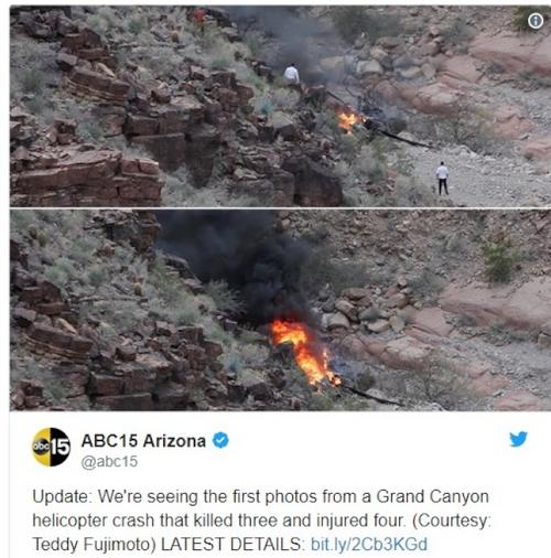 中国侨网一架直升机10日傍晚在大峡谷坠落起火。（美国《世界日报》）