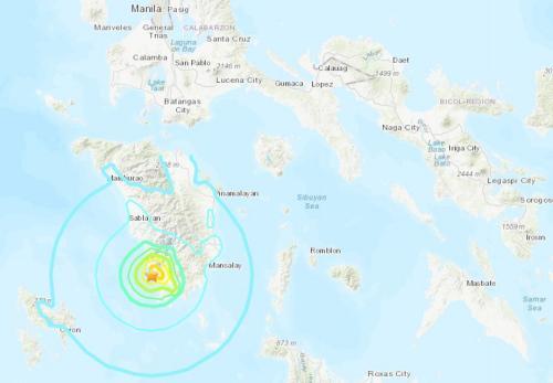 中国侨网菲律宾民都洛岛附近海域发生5.7级地震。（图片来源：美国地质勘探局网站截图）