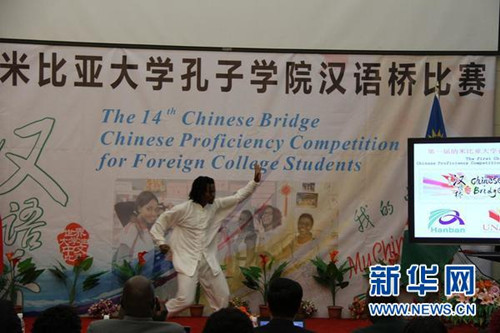 中国侨网5月18日纳米比亚“汉语桥”中文比赛中，中国文化爱好者李琦现场表演武术。（吴长伟 摄）