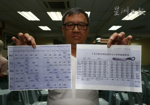 梁全达出示两所华小一年级的上课时间表,揭发有华小的国文上课时间达360分钟。(马来西亚《星洲日报》)