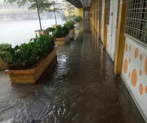 中国侨网当地时间26日，公民华小再次发生水灾，校园内一片汪洋。（马来西亚《星洲日报》）
