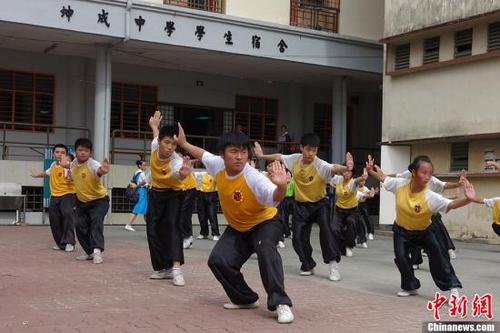 中国侨网图为马来西亚一华文学校学生在练习中国武术。中新社发 张冬冬 摄