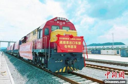 中国侨网2022年7月20日,碣滩茶出口东盟专列从怀化国际陆港发运(资料图)。 沅陵县委宣传部供图
