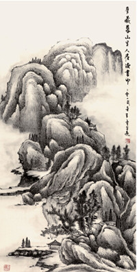 中国侨网深山读书图（138cm*69cm 纸本水墨）-岑全远（美国）-2012