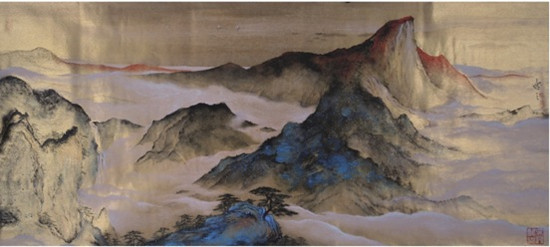 中国侨网青山依旧在，几度夕阳红（77cm*167cm 纸本重彩）-姚逸之（比利时）-2012