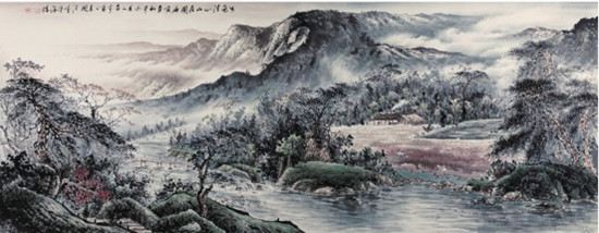 中国侨网水色清心山居图（70cm*178.5cm 纸本水墨）-张京成（美国）-2014