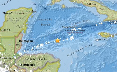 中国侨网洪都拉斯附近海域发生里氏7.8级地震。来源：美国地质勘探局网站。
