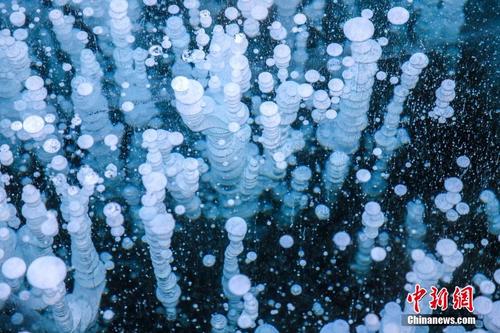 吉林靖宇冰湖气泡似珍珠 严寒中瞬间凝固在冰层