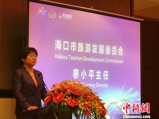中国侨网“海口旅游推介座谈会”上,海口市旅游发展委员会主任廖小平向东南亚旅游业界进行推介。王子谦 摄