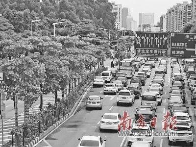 中国侨网南海大道—海五路路口为北向进入城区的第一个灯控路口,承接了两条快速通道交通,因此路口左转、直行需求大。李欣 摄