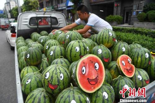中国侨网 图为商贩正在整理车上的西瓜。　陈超　摄