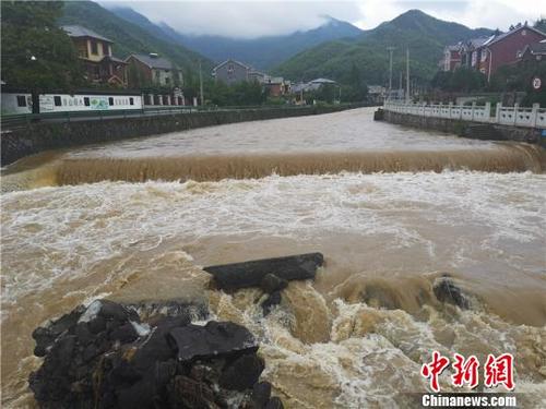 中国侨网强降雨致使浙江一河流河水上涨。 张煜欢 摄