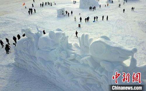 中国侨网1月12日，游客在新疆博斯腾湖大河口景区欣赏雪雕。　确·胡热　摄