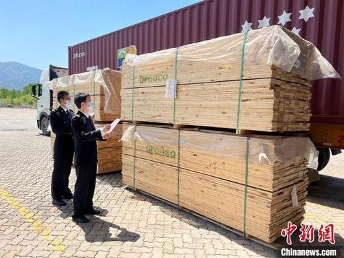 中国侨网福州海关所属三明海关关员监管木制品出口。　福州海关供图