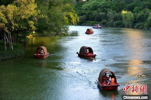 中国侨网图为游客驾驶着游船在福州流花溪上巡游。如今，内河游成为福州的特色旅游项目。　张斌　摄