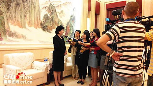 中国侨网裘援平在开幕式后接受媒体记者采访。(李红 摄)