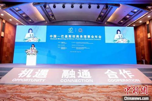 中国侨网四川省贸促会副会长、中国—巴基斯坦商务理事会四川联络办公室主任雷学杰作报告。(四川省贸促会 供图)