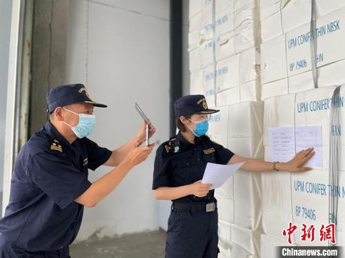 中国侨网哈尔滨海关所属牡丹江海关关员对进口纸浆实施查验。　哈尔滨海关供图