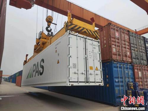 中国侨网45113次国际冷藏货运班列顺利抵达广州增城西铁路货场 刘燕敏 摄