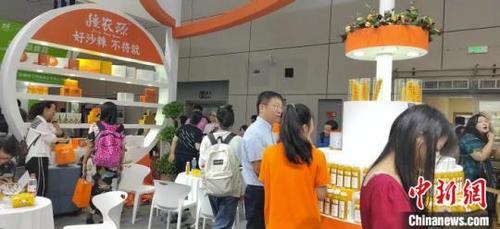 中国侨网商博会现场，冻干沙棘全果粉、沙棘全果油、沙棘果汁、沙棘原浆等产品吸引了众多采购商及游客。　胡嘉琛 摄