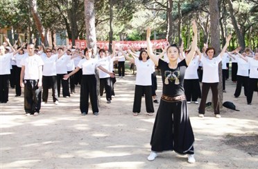 图为7月13日，法国巴黎东方文化传播中心百余名学员在柯文（前）带领下于河北省医疗气功医院进行内养功表演。