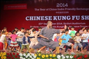 中国侨网武僧团与现场青少年互动。