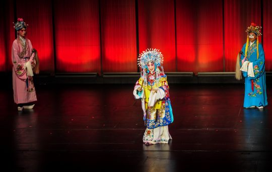 中国侨网中国京剧表演艺术家孙萍(中)、叶金森(右)在维利·安纳伯格表演艺术中心演出京剧《贵妃醉酒》片段。(张超群 摄)