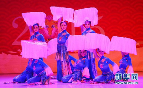 中国侨网2月4日晚，在乌兹别克斯坦首都塔什干突厥宫，艺术家在表演中国武术和舞蹈。（沙达提 摄）