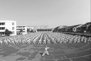 中国侨网夏宝峰在五乡中心小学带领学生们练内家拳。