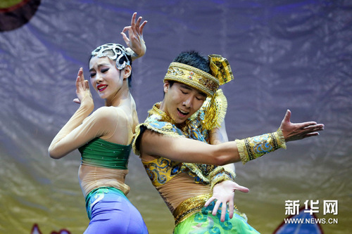 中国侨网图为中央民族歌舞团演员肖荣浩、王子洋的舞蹈“孔雀”。（新华社/周丹 摄）