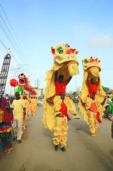 中国侨网3月28日，贝宁中国文化中心舞龙舞狮表演队作为特邀嘉宾参加了第一届科托努国际狂欢节。图为中心舞龙舞狮表演队在游行队伍中。（白光明 摄）
