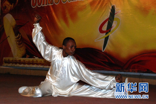 中国侨网贝宁武术联合会学员表演太极拳。(曹肃 摄)