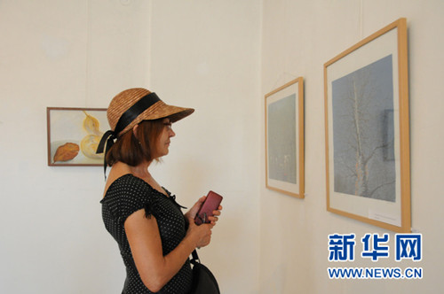 罗马尼亚市民在阿尔巴尤里亚举办的中国银川美术作品展上欣赏中国画家作品。(陈进