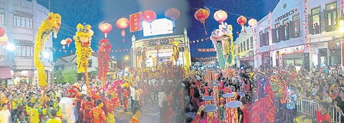 68头舞狮齐聚鸡场街舞台处，场面十分壮观。（马来西亚《南洋商报》）